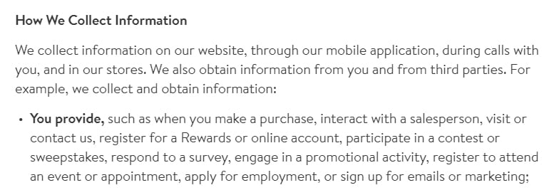 Nordstrom Privacy Policy: Excerpt of How We Collect Information clause