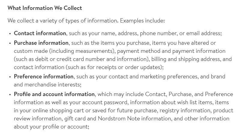 Nordstrom Privacy Policy: Excerpt of What Information We Collect clause
