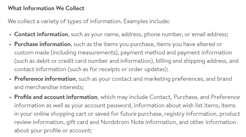 Nordstrom Privacy Policy: Excerpt of What Information We Collect clause