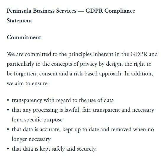 Peninsula GDPR Compliance Statement - Commitment clause