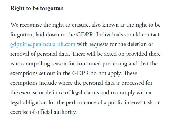 Peninsula GDPR Compliance Statement - Right to be forgotten clause