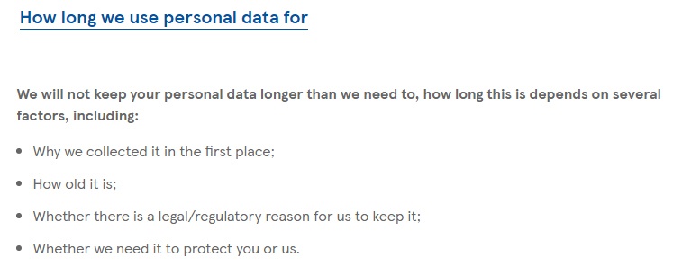 Tesco Privacy Policy: Data retention clause