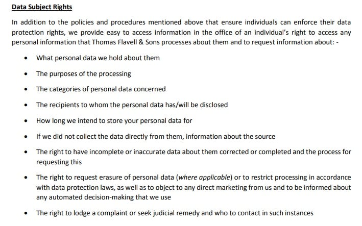 Thomas Flavell and Sons GDPR Compliance Statement - Data Subject Rights clause