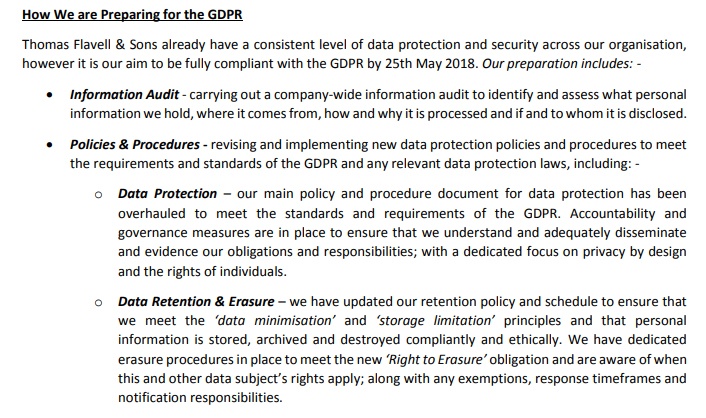 Thomas Flavell and Sons GDPR Compliance Statement - How we are preparing for the GDPR clause excerpt