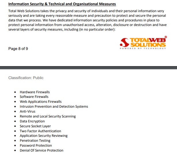 Total Web Solutions GDPR Compliance Statement - Information Security and Technical and Organisational Measures clause