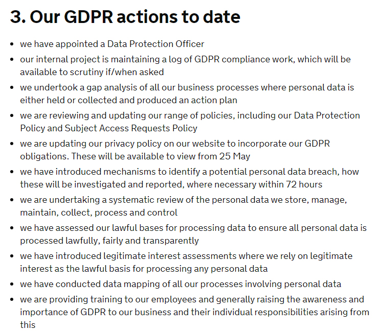 UK GOV GDPR Compliance Statement - GDPR actions to date clause excerpt