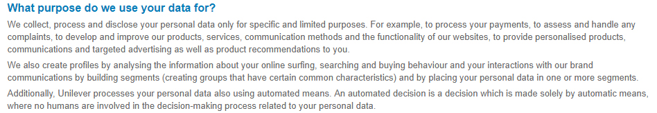 Unilever Privacy Notice: What purpose do we use your data for clause