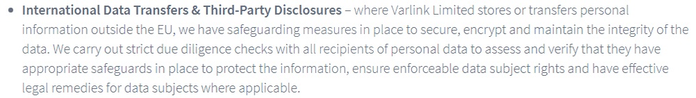 Varlink GDPR Compliance Statement - Preparation for the GDPR: International Data Transfers and Third-Party Disclosures section