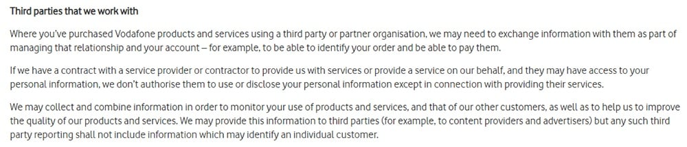 Vodafone Privacy Policy: Third parties clause