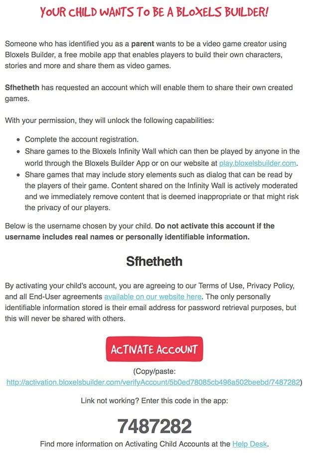 Bloxels Builder email for email plus method of parental consent under COPPA