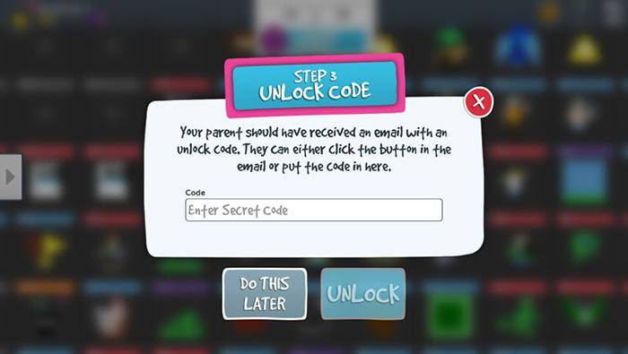 Bloxels Builder unlock screen for parental consent under COPPA