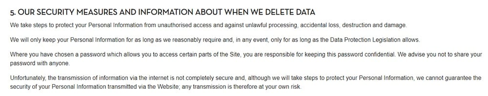 Caffe Nero Privacy Policy: Our Security Measures and Information About When We Delete Data clause