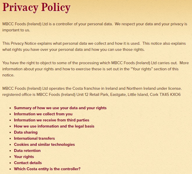 Screenshot of Costa Coffee Privacy Policy intro section