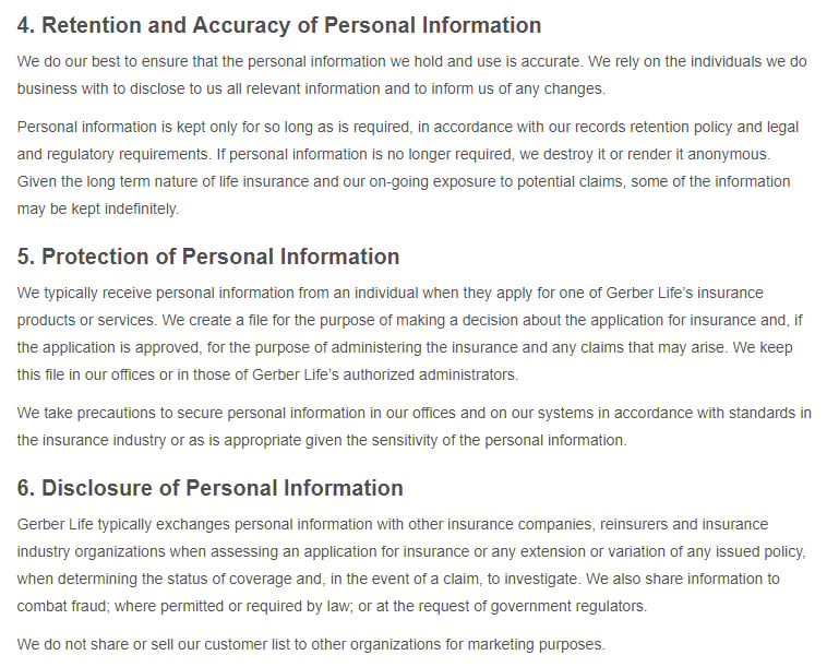Gerber Life: PIPEDA-Canada Privacy Policy excerpt