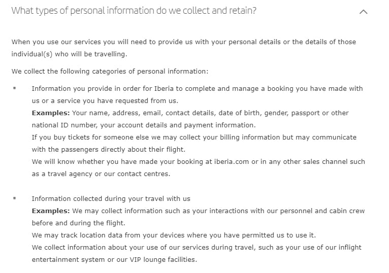 Iberia Airlines Personal Data Protection Policy: Excerpt of What types of personal information do we collect and retain clause