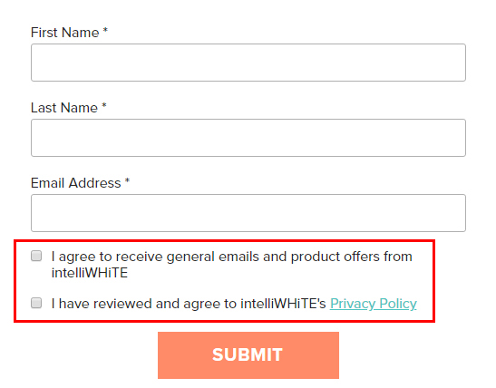 IntelliWHiTE Sign-up form with agree checkboxes for emails and Privacy Policy