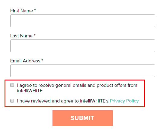 IntelliWHiTE Sign-up form with agree checkboxes for emails and Privacy Policy