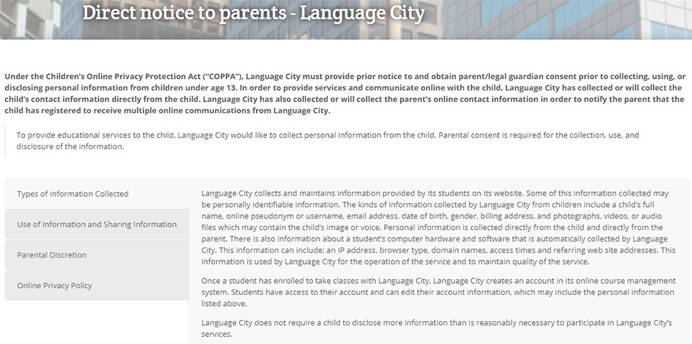 Language City: Screenshot of direct notice to parents - COPPA