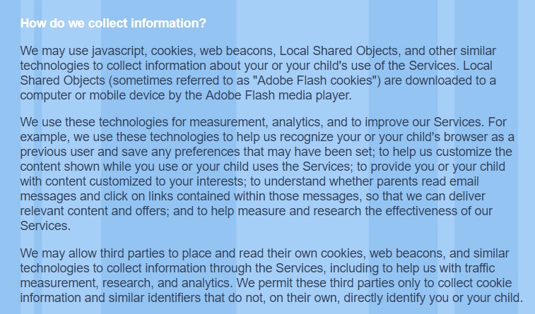 PBS Kids Privacy Policy: How do we collect information clause excerpt