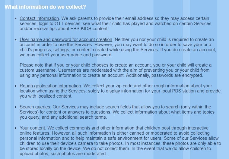 PBS Kids Privacy Policy: What information do we collect clause excerpt