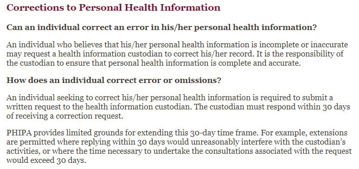 PSFDH Privacy FAQ: Corrections to Personal Health Information clause excerpt