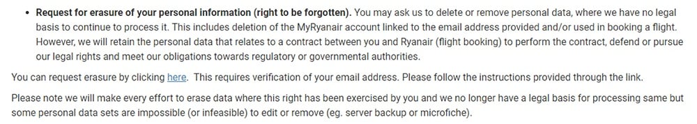 Ryanair Privacy Policy: Data Protection Rights clause - Request erasure section