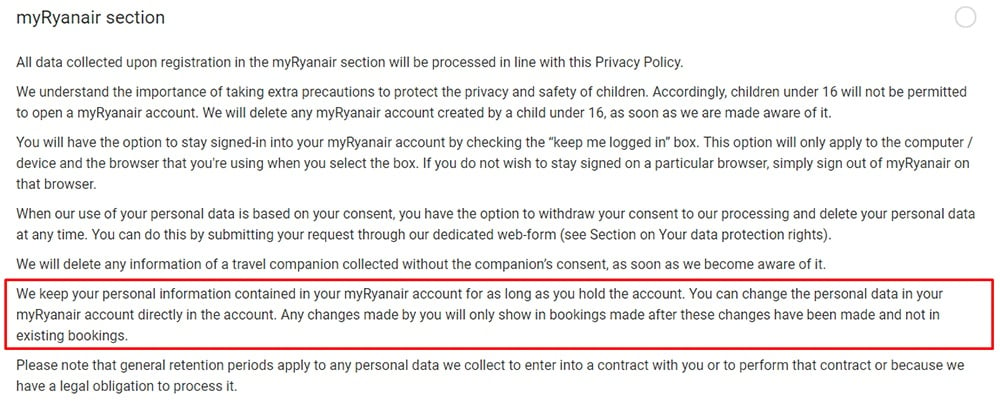 Ryanair Privacy Policy: myRyanair section clause