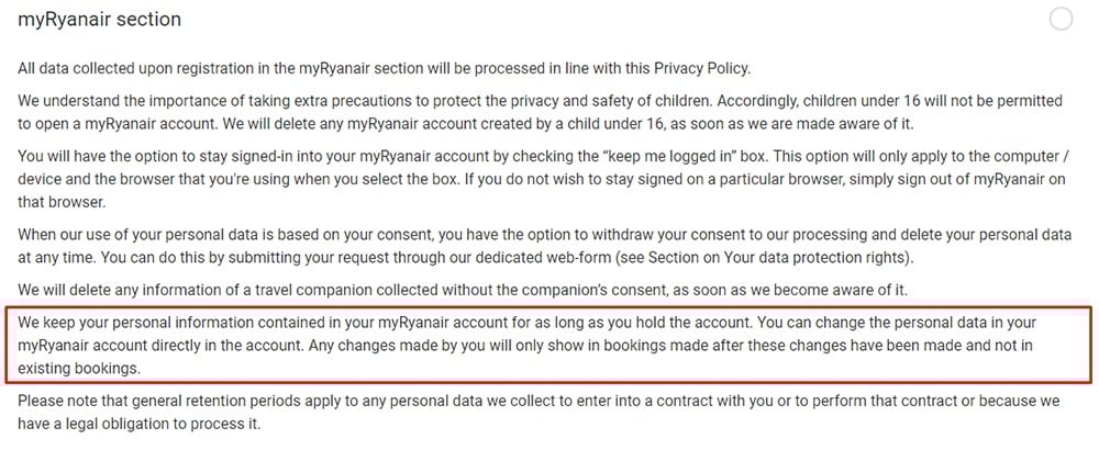 Ryanair Privacy Policy: myRyanair section clause