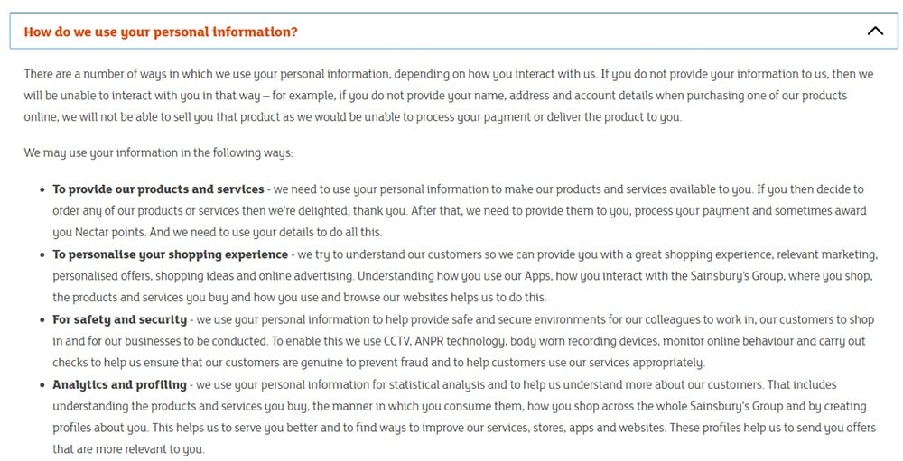 Sainsbury&#039;s Privacy Policy: Excerpt of How do we use your personal information clause