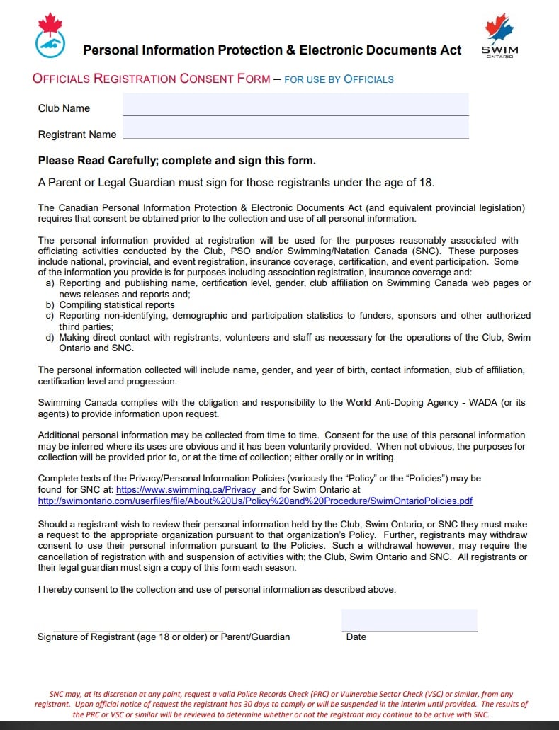 Swim Ontario PIPEDA officials registration consent form
