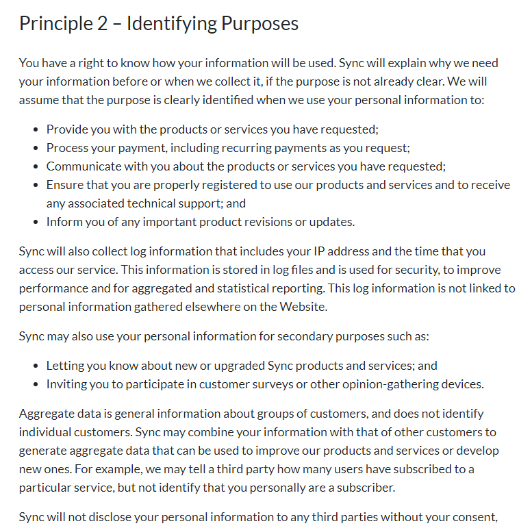 Sync Privacy Policy: Identifying Purposes clause