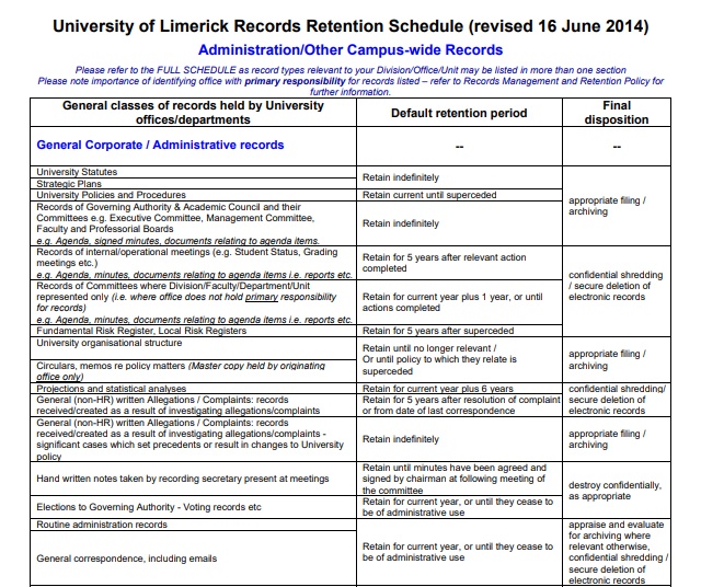 University of Limerick Records Management and Retention Policy: Screenshot of Records Retention Schedule