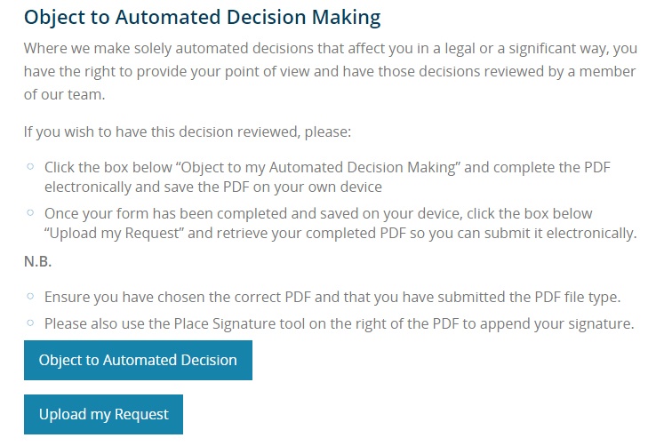 Bank of Ireland Object to Automated Decision Making request screen