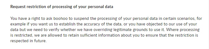 Boohoo Privacy Notice: Request restriction of processing your personal data clause