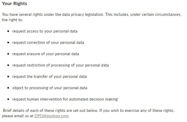 Boohoo Privacy Notice: GDPR User Rights clause
