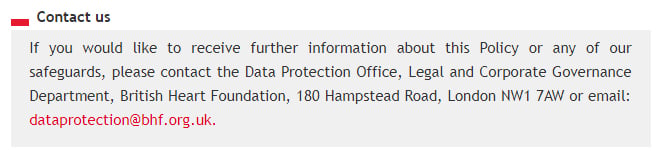 British Heart Foundation Privacy and Cookies Policy: Contact us clause with DPO information