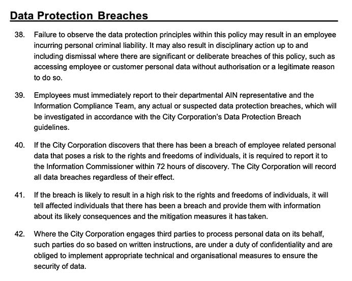 City of London Data Protection Policy for Employees: Data Protection Breaches clause