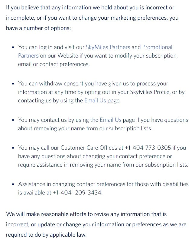 Delta Airlines Privacy Policy: Correcting or Updating Your Information or Marketing Preferences clause