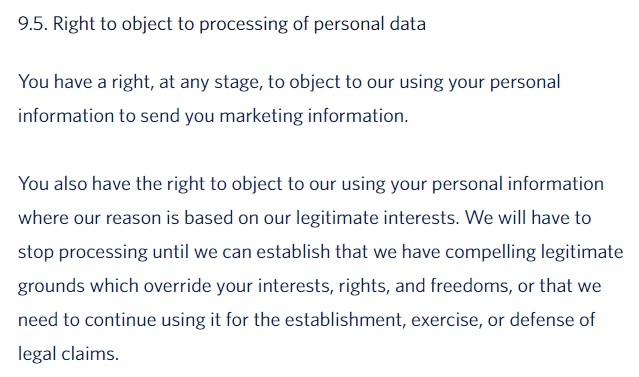 Delta Airlines Privacy Policy: Right to object to processing clause