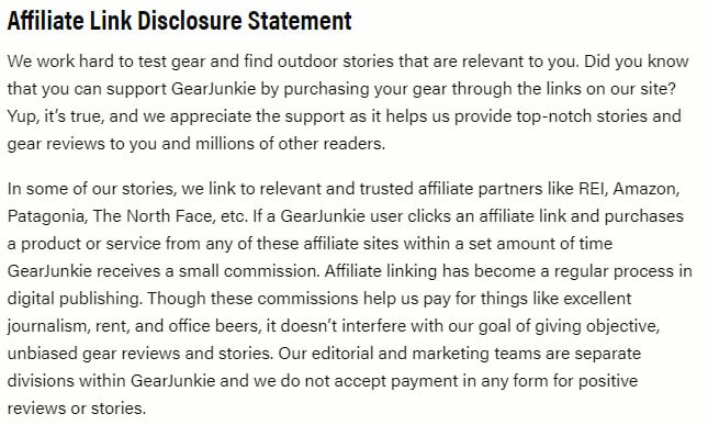 Gear Junkies Privacy Policy: Affiliate Link Disclosure Statement clause