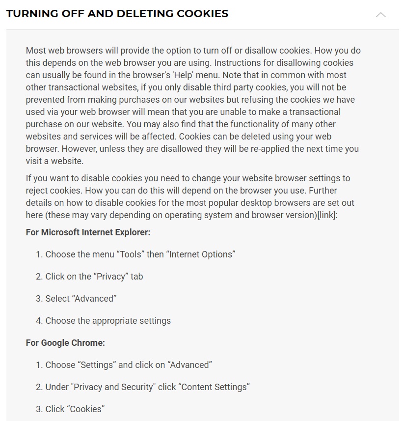 Gymshark Cookie Policy: Turn off and delete cookies clause excerpt