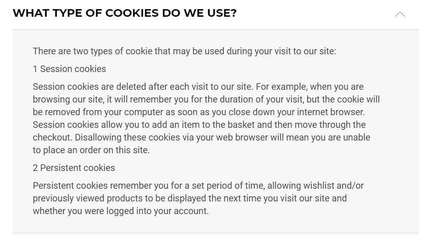 Gymshark Cookie Policy: What type of cookies do we use clause