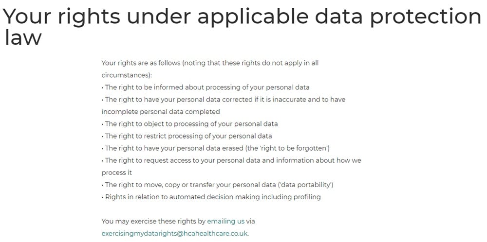 HCA Healthcare UK Privacy Policy: GDPR User Rights clause