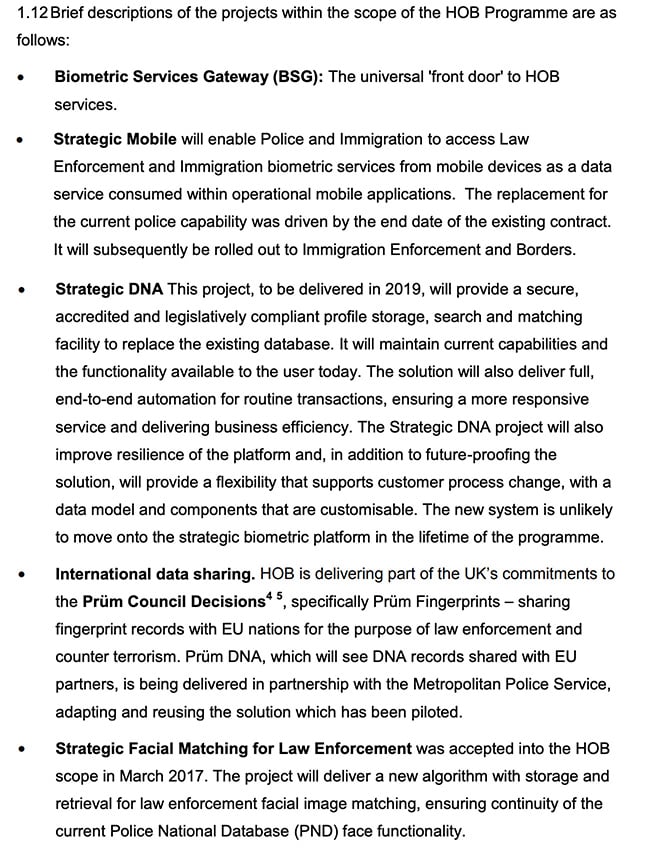 Home Office Biometrics Programme Privacy Impact Assessment: Excerpt of section for brief descriptions of project scope