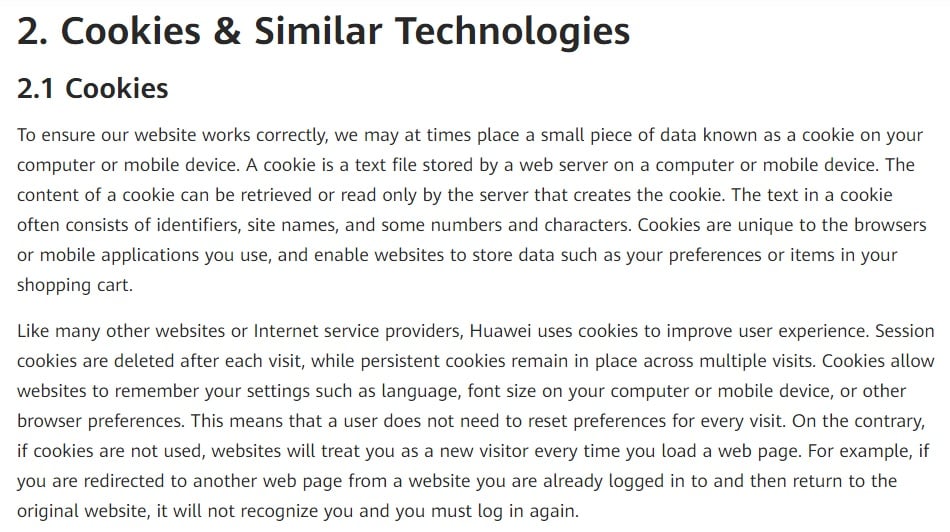 Huawei Privacy Policy: Cookies and Similar Technologies clause excerpt