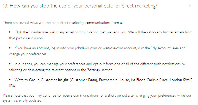 John Lewis Privacy Notice: Opt out of direct marketing clause with methods