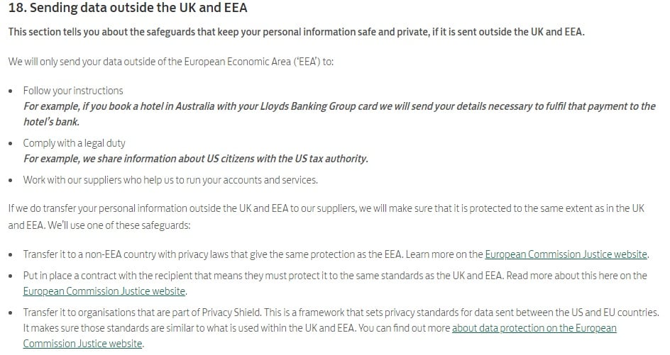 Lloyds Bank Privacy Policy: Sending data outside the UK and EEA clause