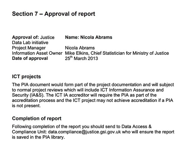 Ministry of Justice Privacy Impact Assessment Report: Approval section