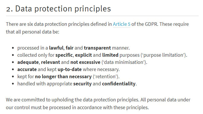 NICVA Data Protection Policy: Data Protection Principles clause