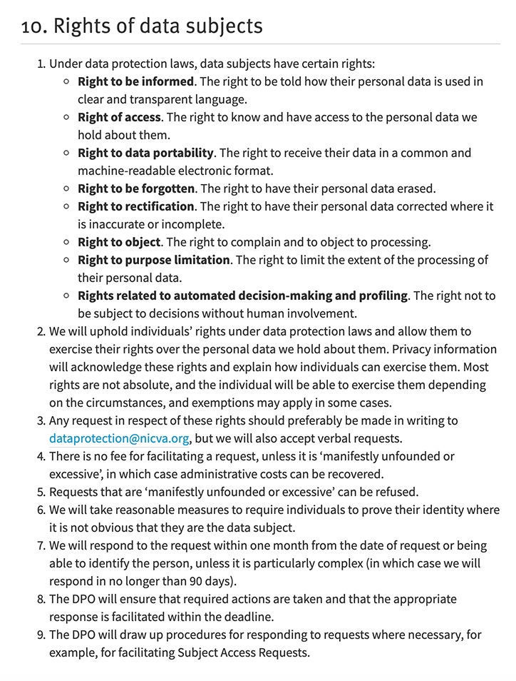 NICVA Data Protection Policy: Rights of Data Subjects clause